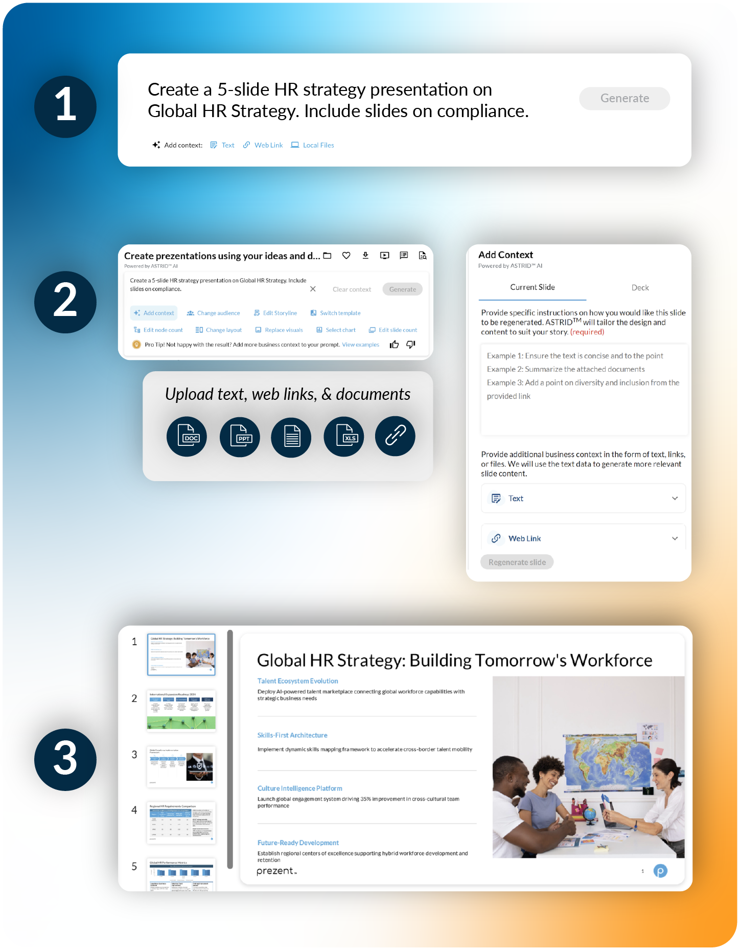 Step by step process to create presentations with AI including adding context selecting content and generating slides automatically