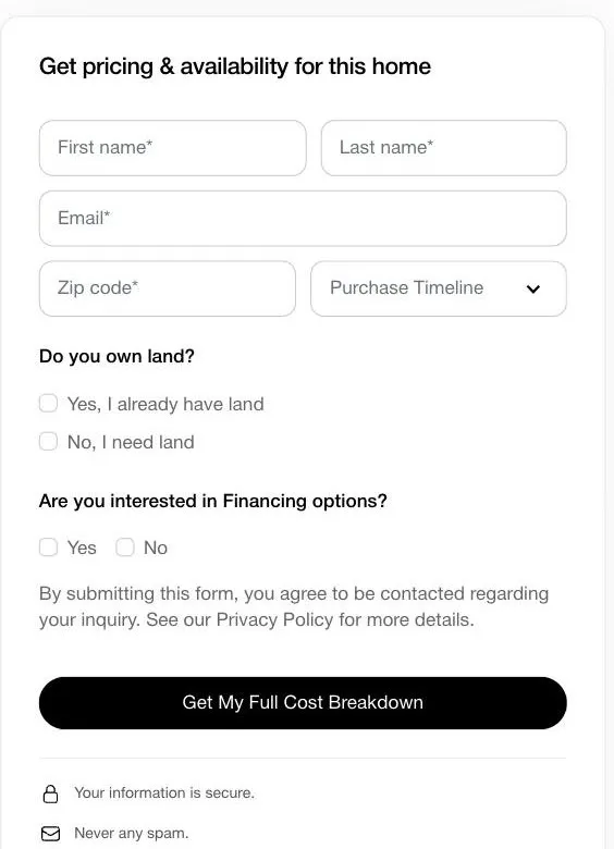 The enquiry form on a ModelTown model page, showing timeline, land and financing questions