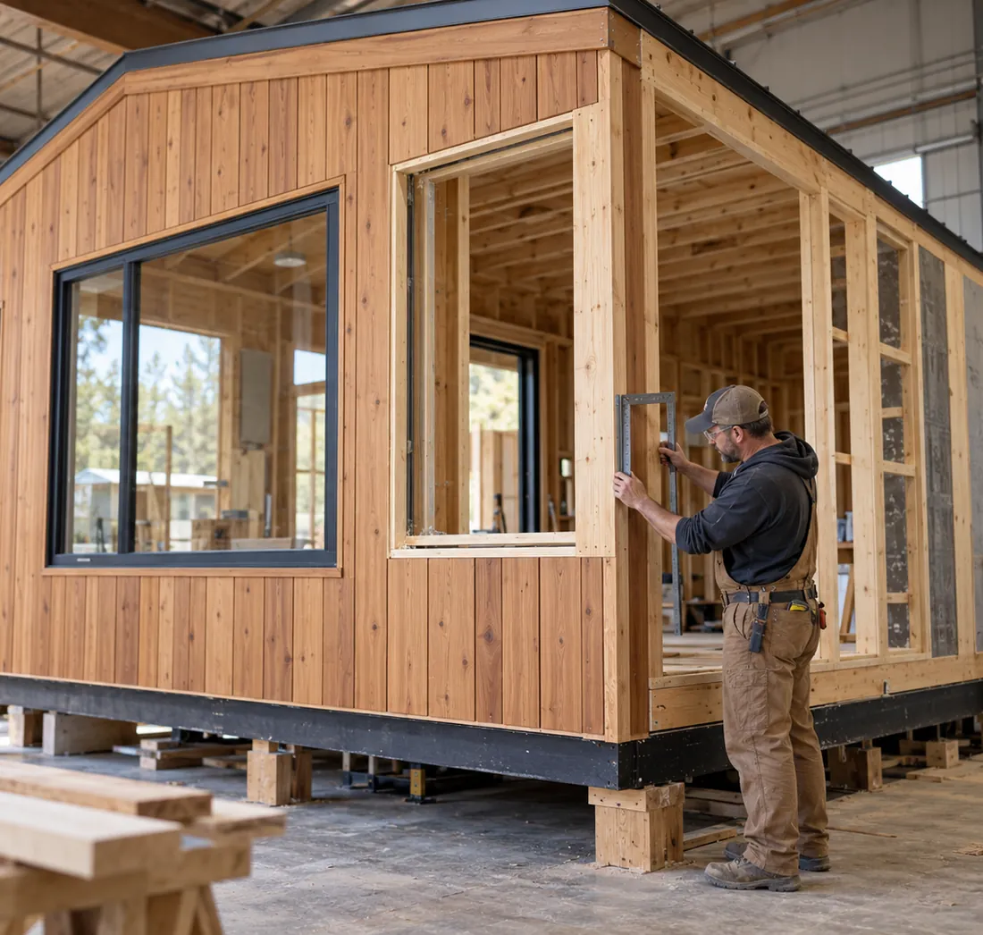 Builder checking a window frame on a wood-sided modular home inside a factory