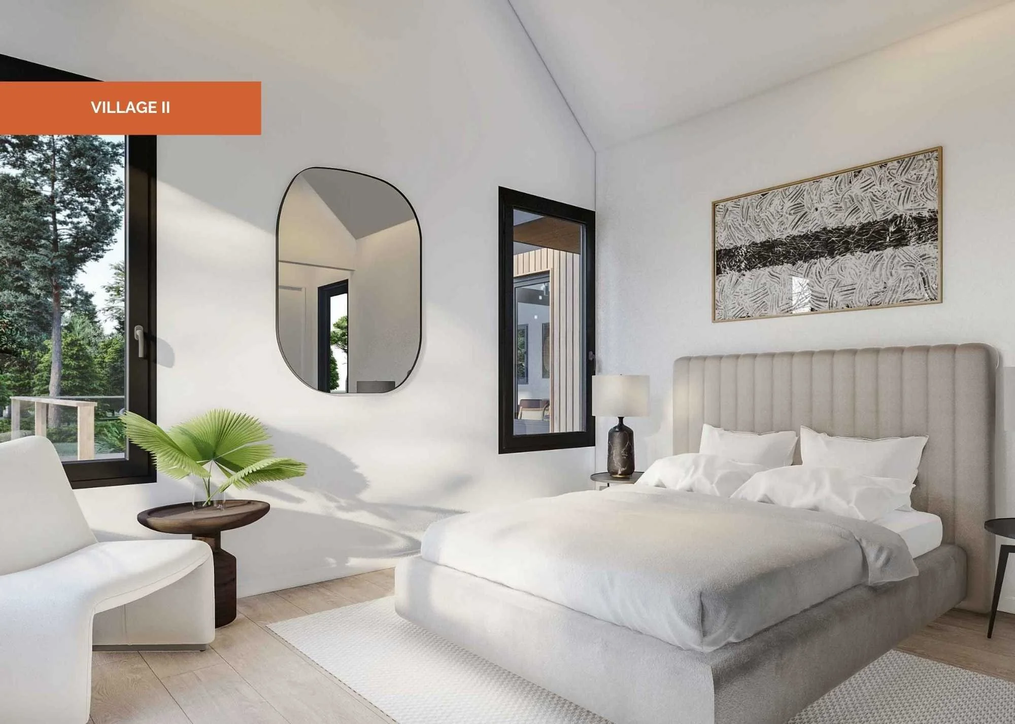 Village II by Nanabode - final rendering of compact one-bedroom Scandinavian cabin plan