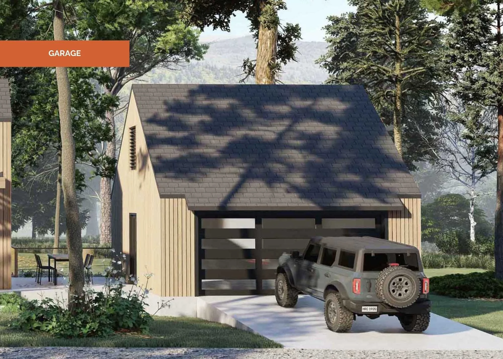 Village II architectural rendering by Nanabode - compact one-bedroom Scandinavian cabin plan