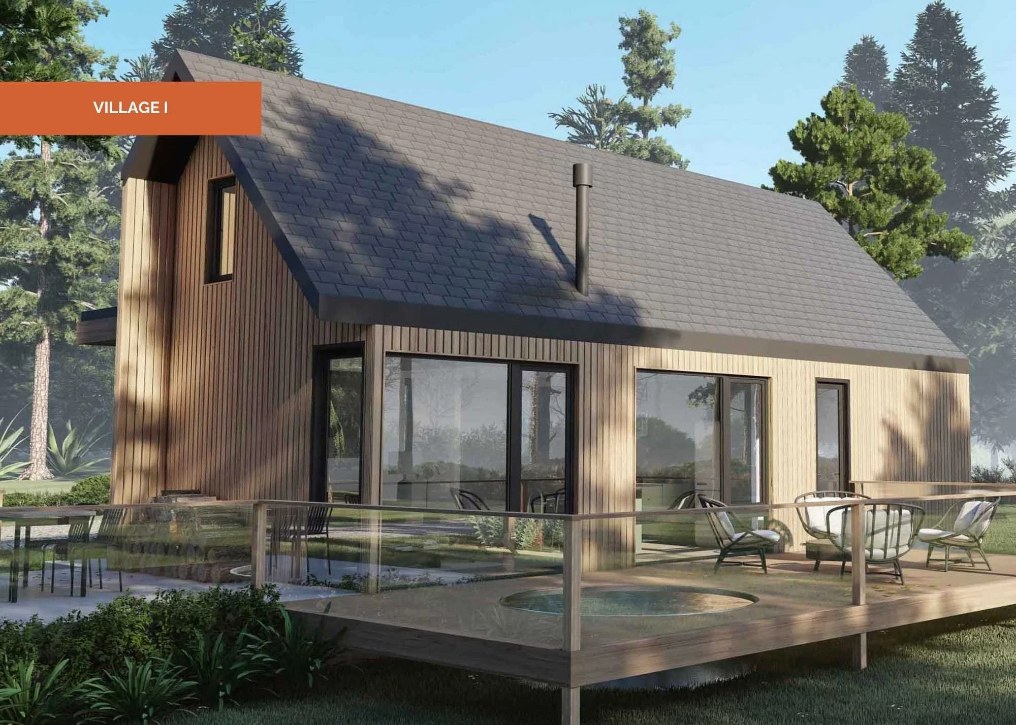 Nanabode Village I - 837 sq ft 2-bedroom Scandinavian cabin plan with wood cladding and solar-ready roof