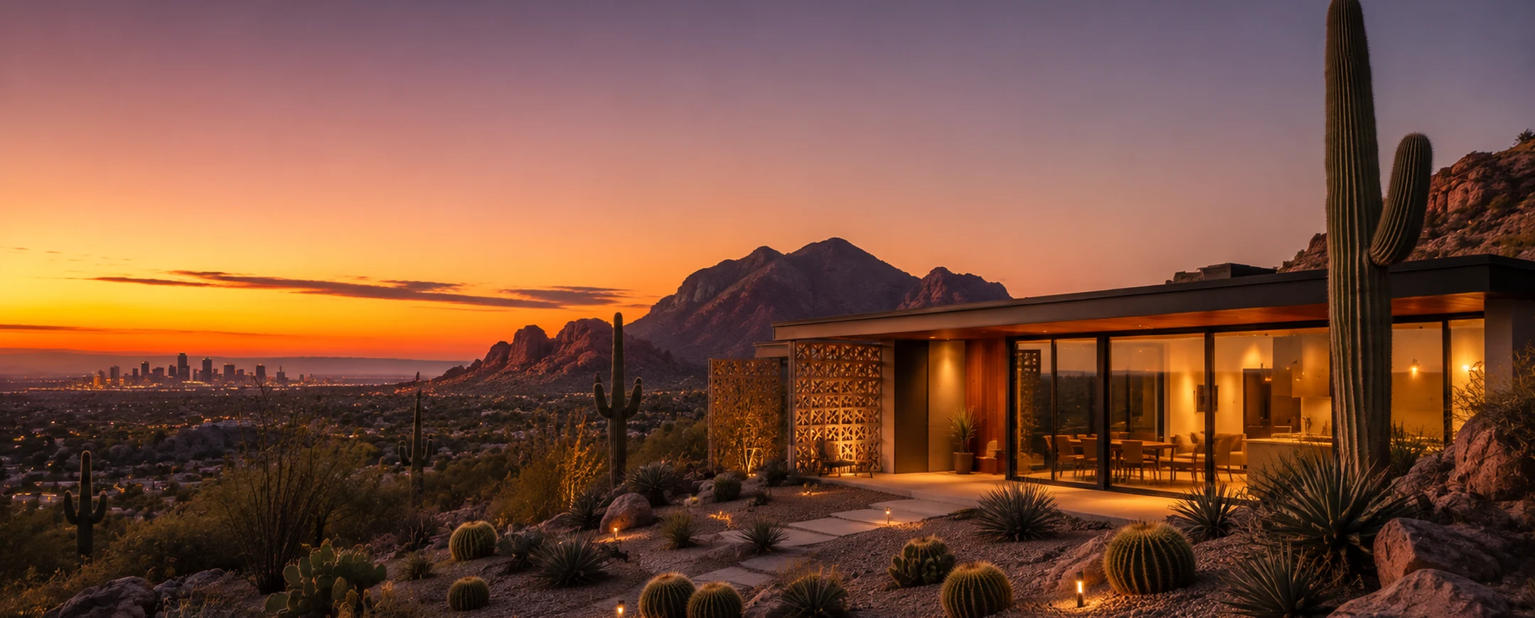 Modern desert prefab home at sunset overlooking the Phoenix skyline, with saguaro cacti and a mountain
