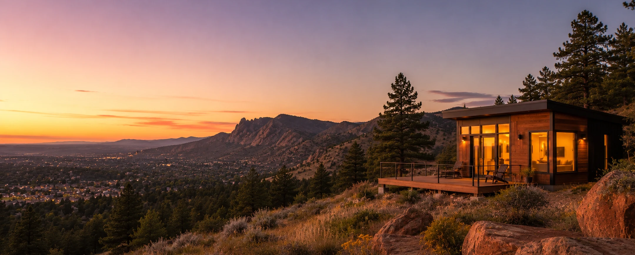 Modern cedar cabin at sunset overlooking the Fort Collins foothills with the valley lights below
