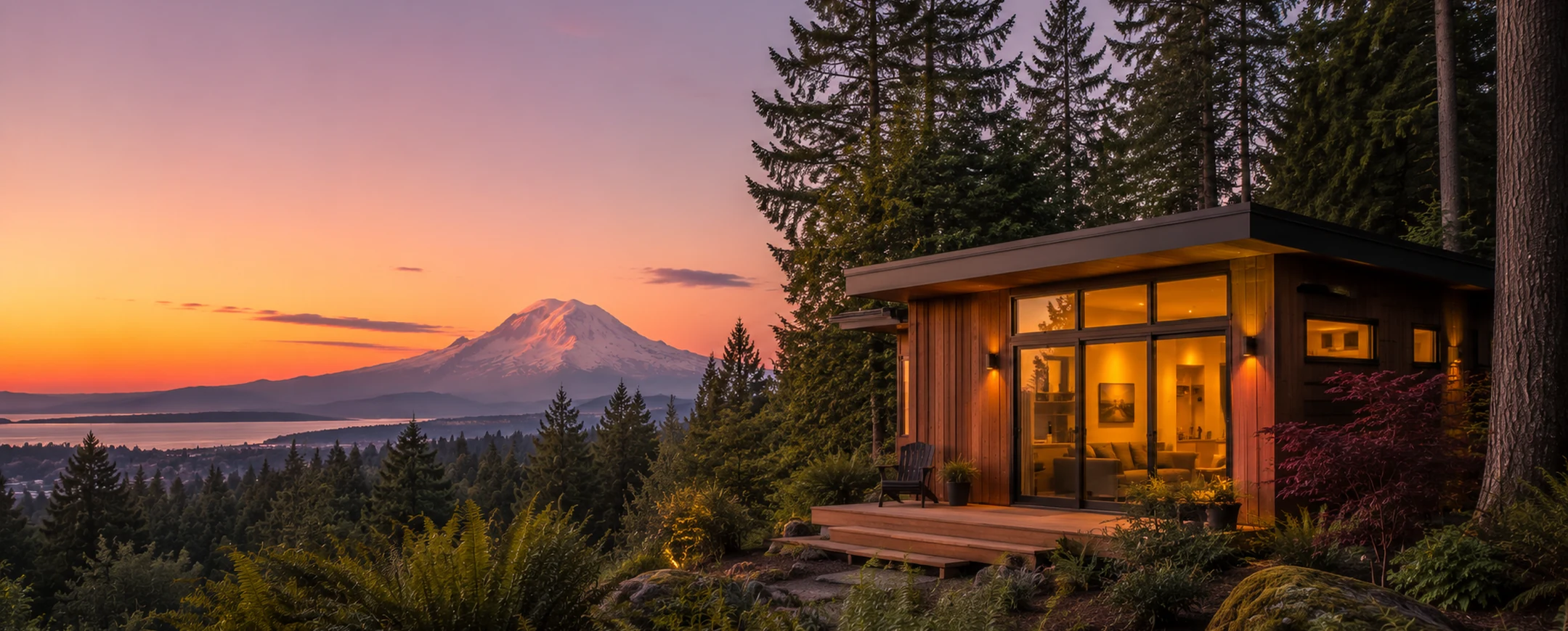 Modern cedar cabin at sunset with Mount Rainier and Puget Sound beyond, framed by evergreens