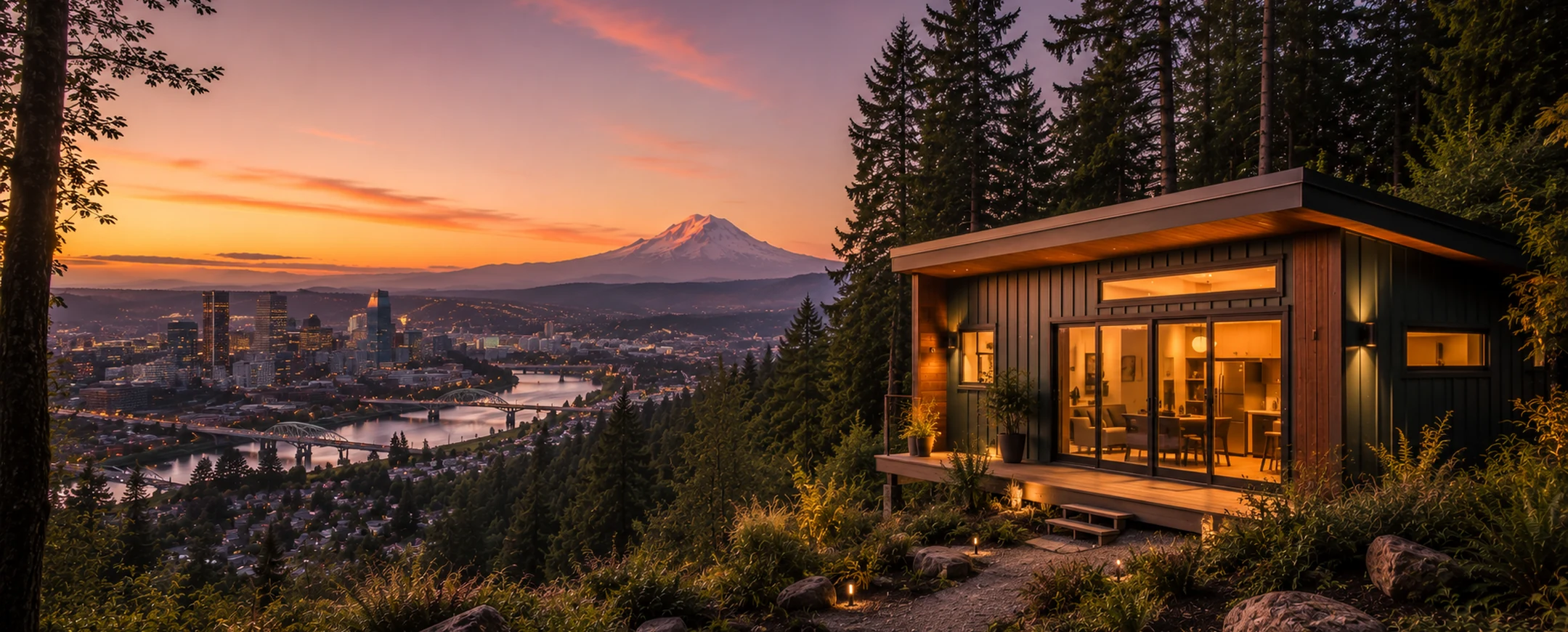 Modern cabin at sunset overlooking the Portland skyline, the Willamette River, and Mount Hood
