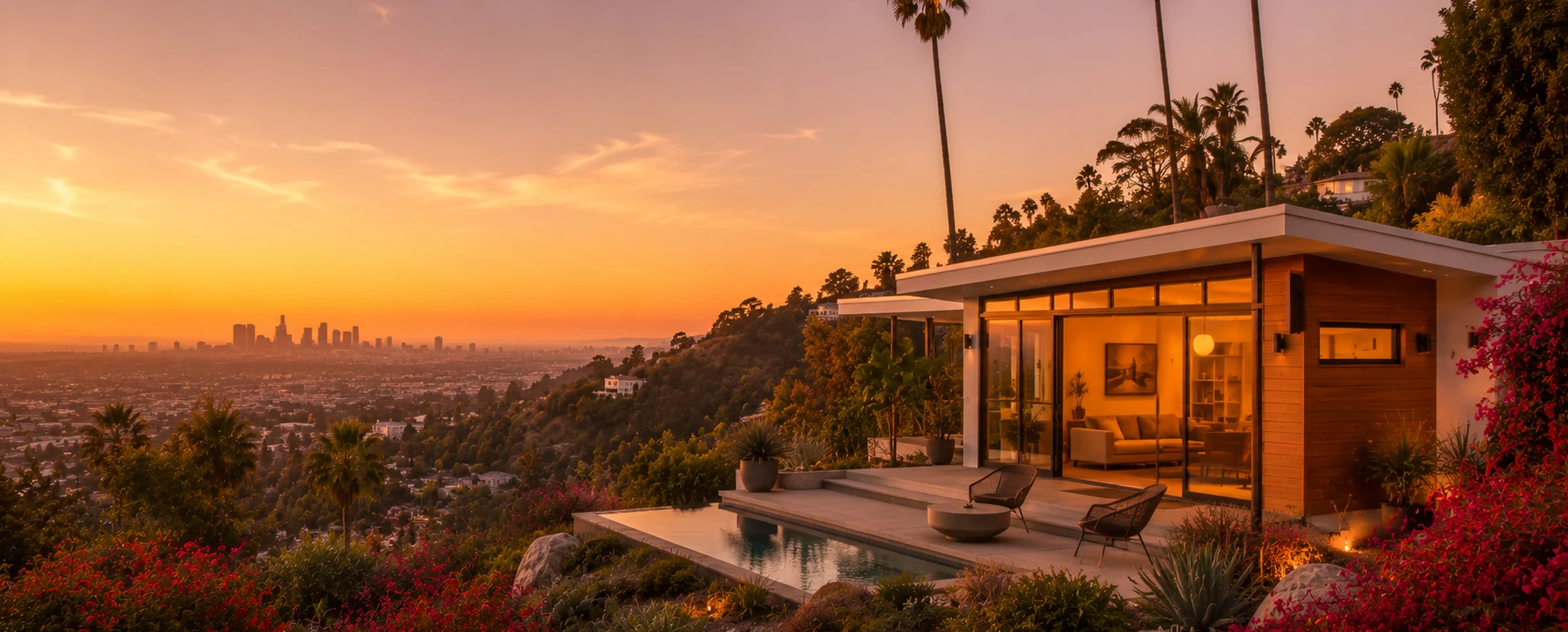Modern hillside home with a pool at sunset overlooking the Los Angeles skyline and palm trees