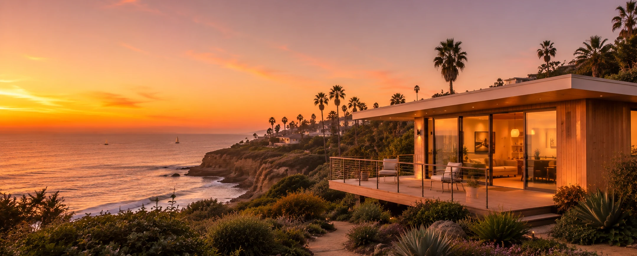 Modern coastal home at sunset above the Pacific Ocean with palms and sailboats near San Diego