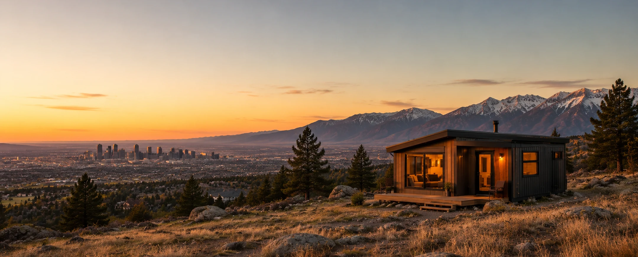 Modern cabin at sunset overlooking the Denver skyline and the snow-capped Front Range