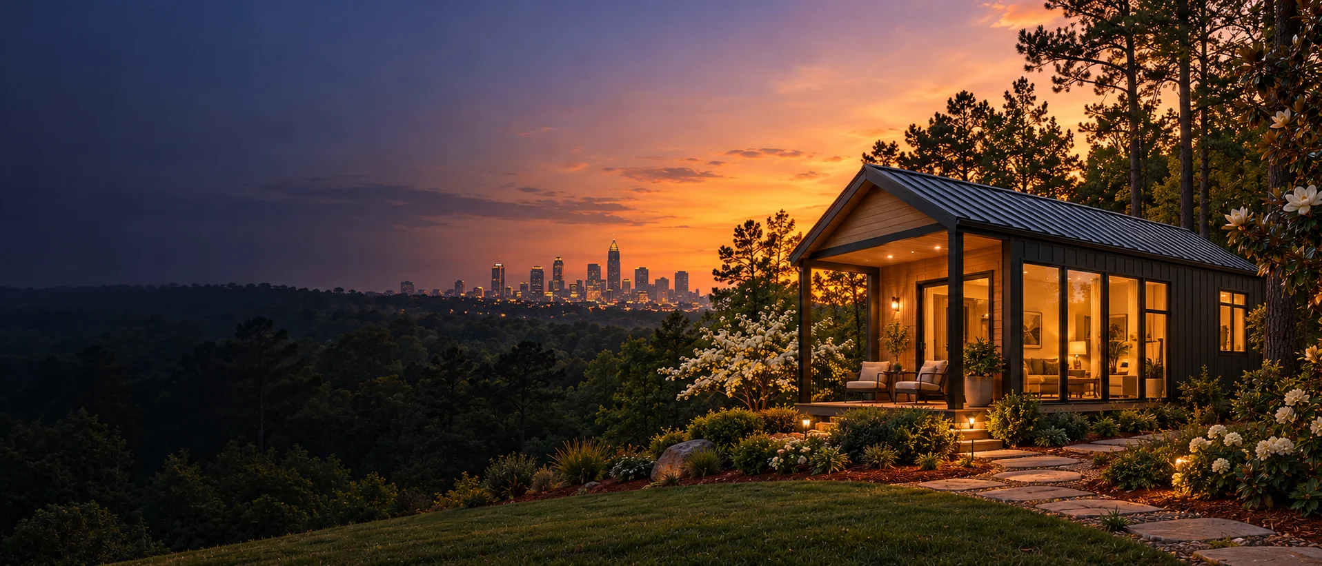 Small modern prefab home at sunset on a wooded lot with the Atlanta skyline beyond