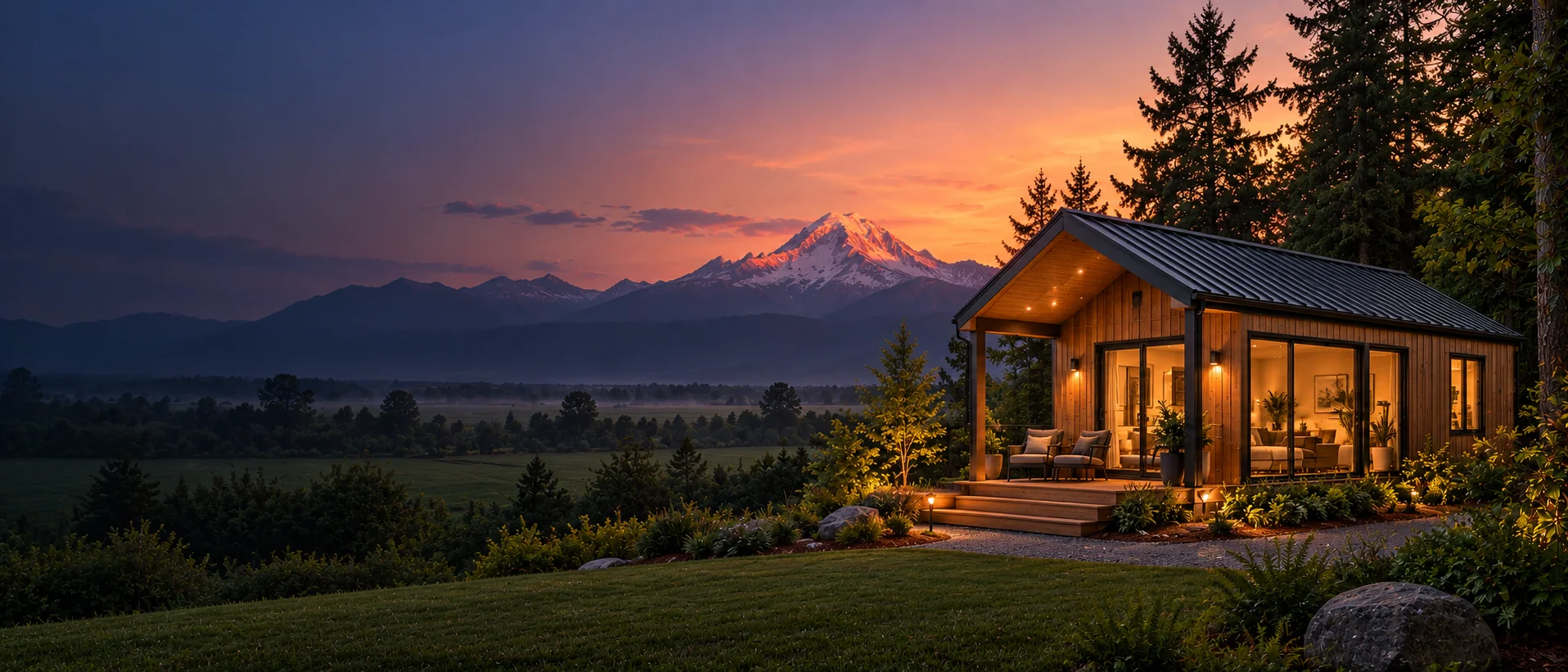 Small modern cedar prefab home at sunset in the Fraser Valley with snow-capped mountains beyond