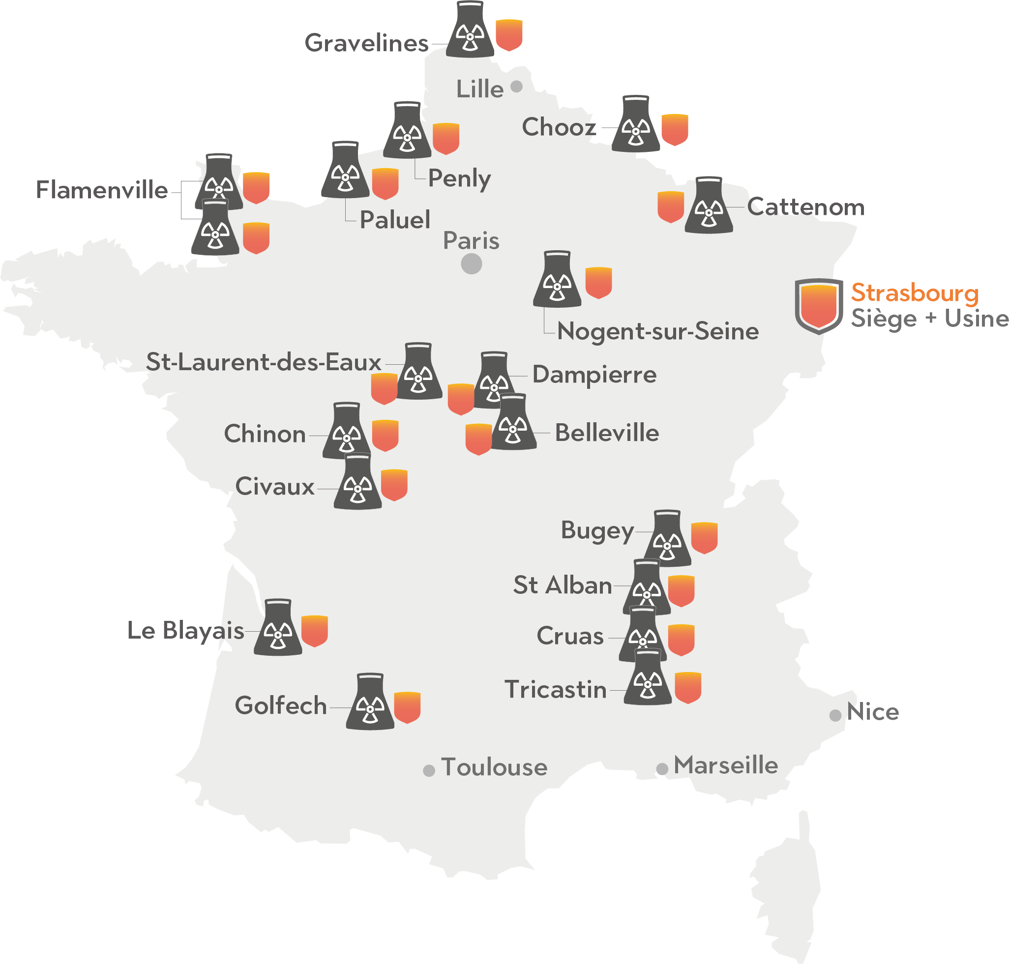 Localisation des CNPE en France dans lesquels les produits Baumert sont installés
