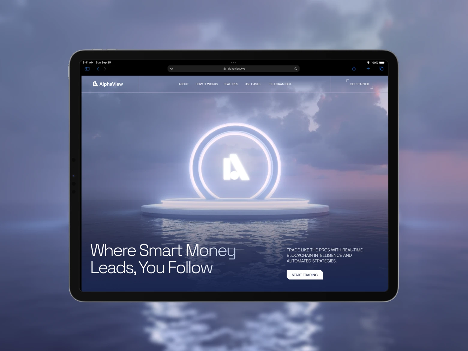 AlphaView trading website on a tablet, with a glowing logo over water and the headline 'Where Smart Money Leads, You Follow'