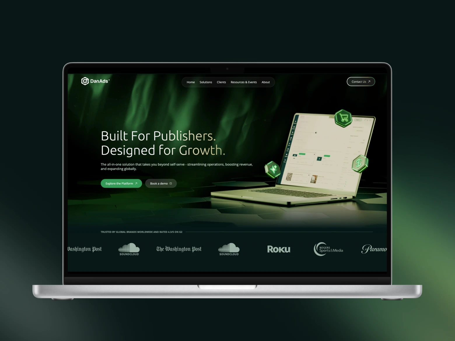 DanAds website on a laptop with the headline 'Built For Publishers. Designed for Growth.', a real platform screen, and client logos