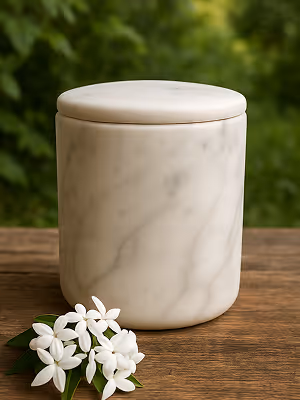 Urne funéraire en marbre blanche et grisée posée sur une table en bois dans la nature