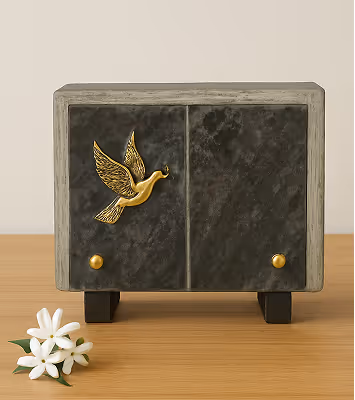 Plaque funéraire avec une colombe sur une table en bois