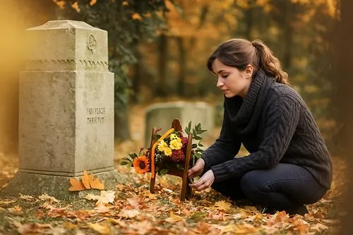 Jeune Femme qui se recueille sur une tombe en automne
