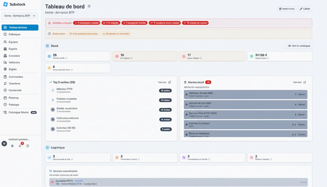 Tableau de bord Substock centralisant les échanges d'informations entre chantier et dépôt