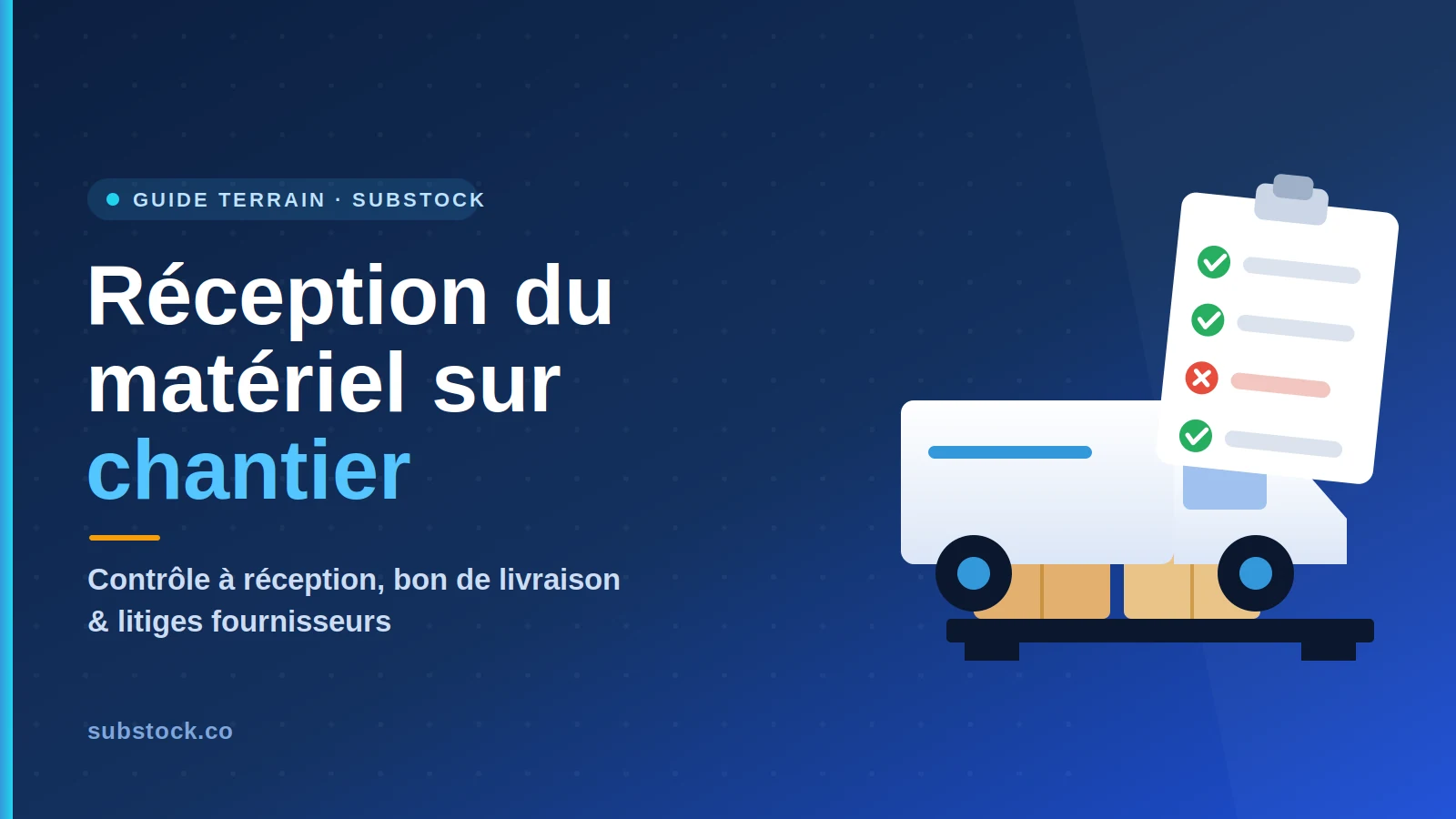 Réceptionnaire BTP contrôlant une livraison de matériel sur chantier avec un bon de réception