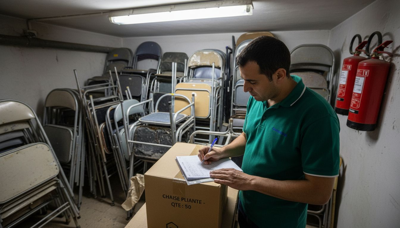 Vérification de l’inventaire du matériel de camping par un membre de l’équipe