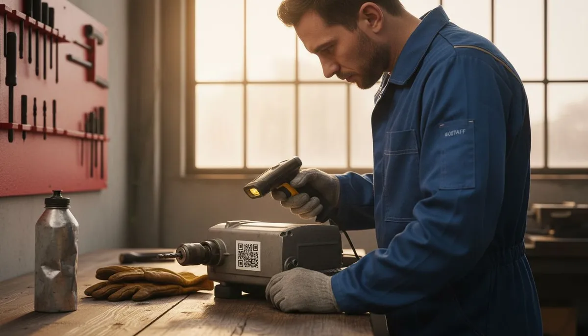 Un salarié vérifie le QR code sur une perceuse avant de commencer son travail.