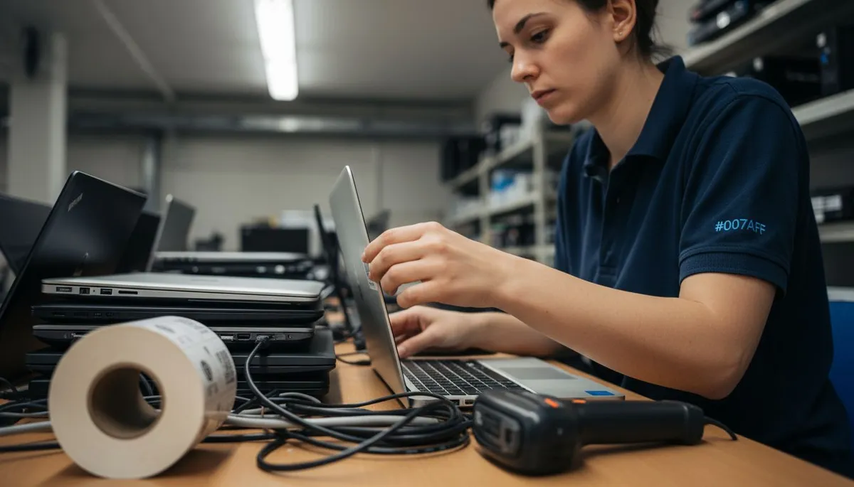Une technicienne en train d’apposer des codes-barres sur du matériel pour en assurer le suivi.