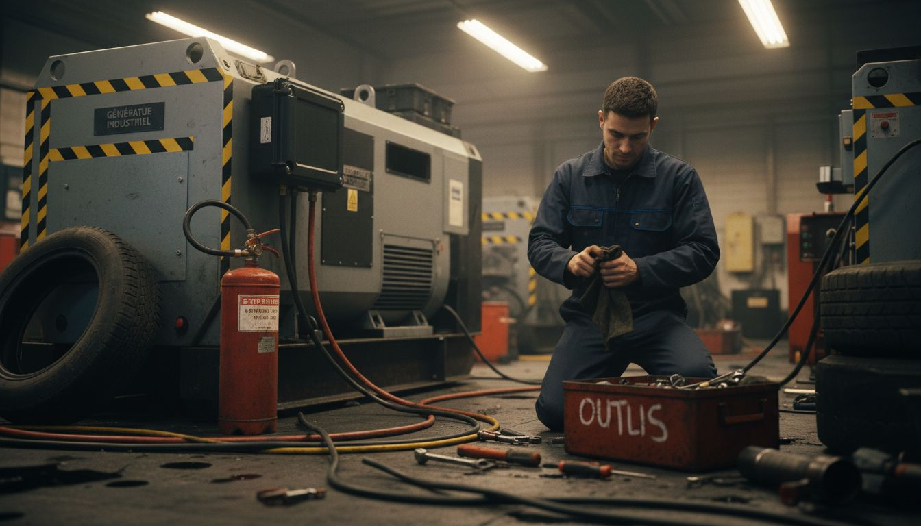 Un technicien réalise une inspection sur un générateur en fonctionnement directement sur site.