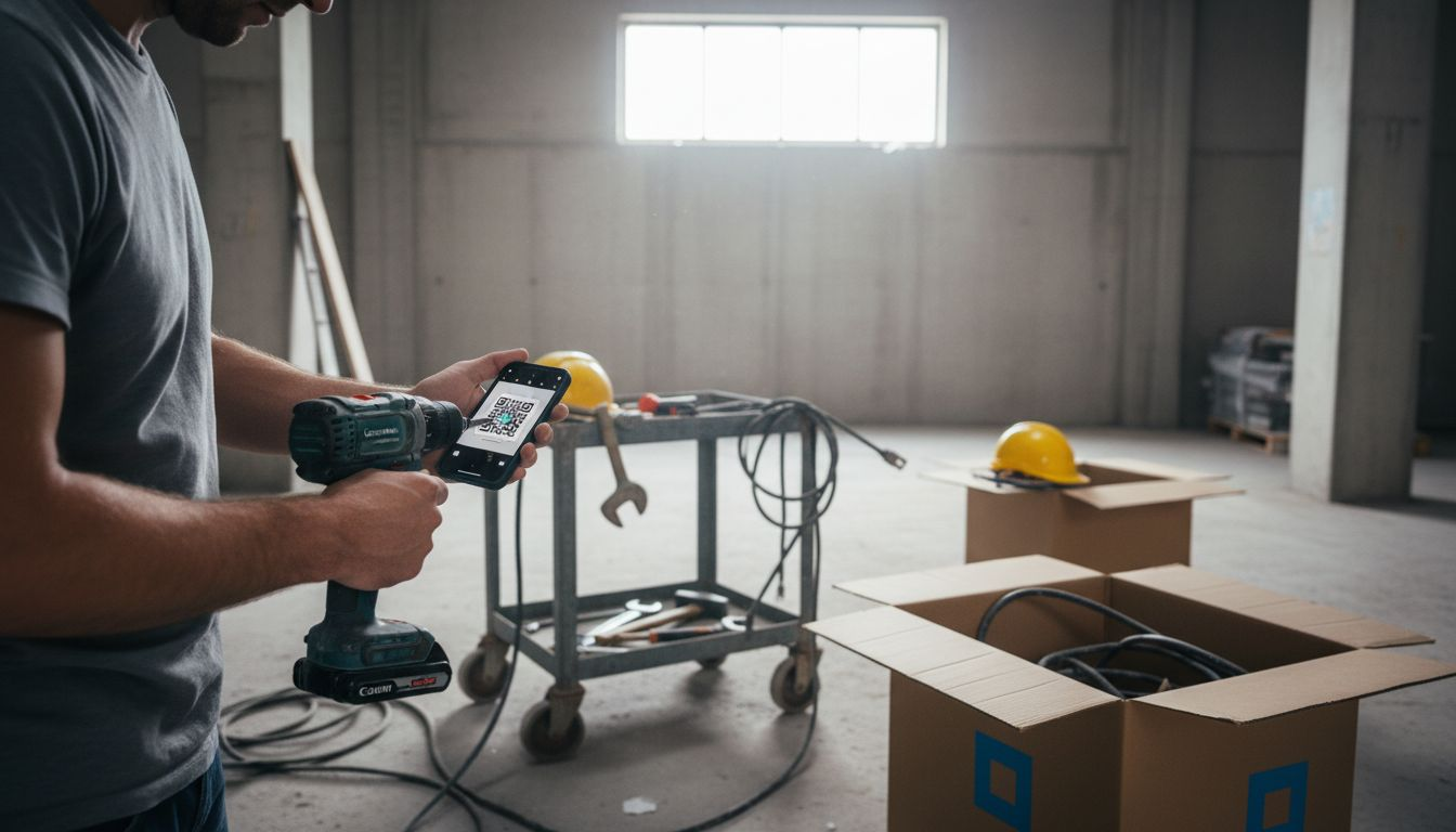 Un ouvrier passe le QR code d’un outil de chantier pour l’identifier.