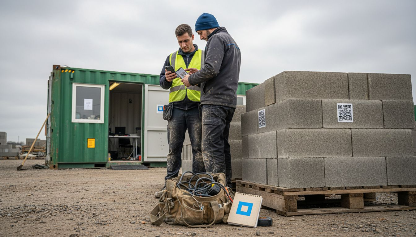 Des ouvriers utilisent leur smartphone pour contrôler et enregistrer le matériel sur le chantier.