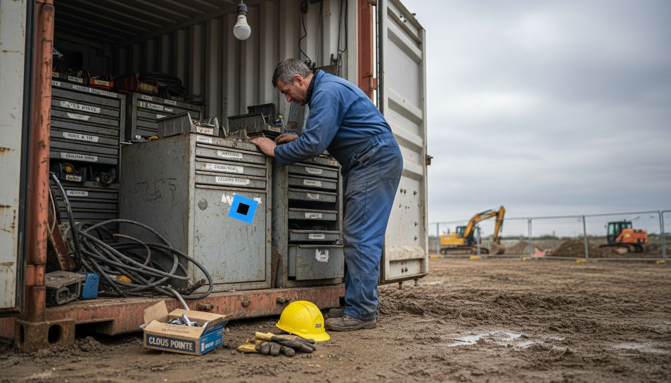 Sur le chantier, un ouvrier fouille dans le container en pagaille à la recherche de son outil.