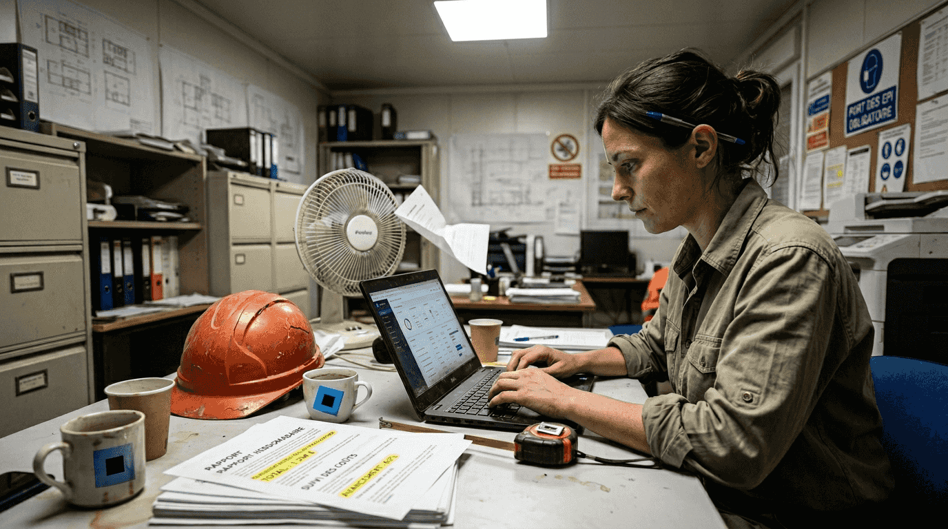 Un ingénieur consulte un tableau de bord numérique pour analyser les données de gestion des stocks.
