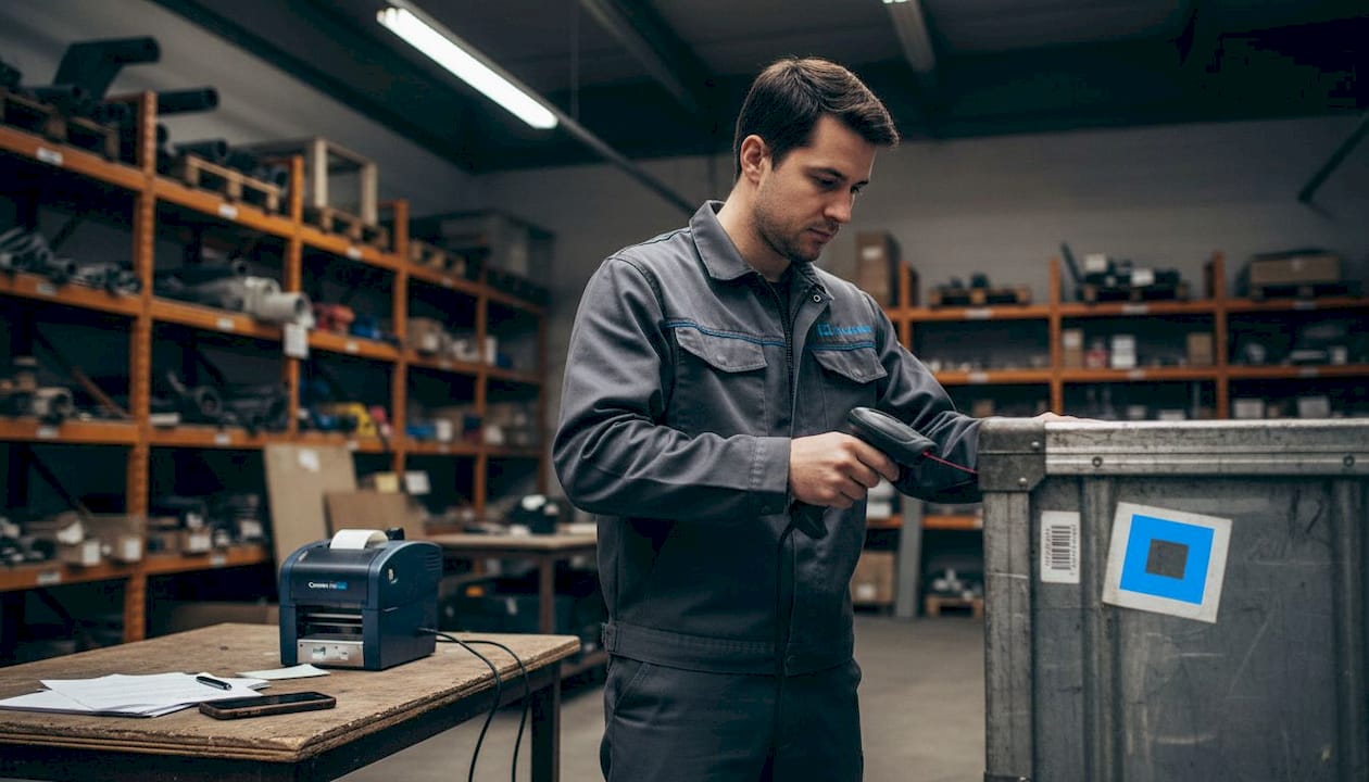 Un responsable de l’inventaire sur un chantier BTP utilise un lecteur de codes-barres pour suivre les matériaux.