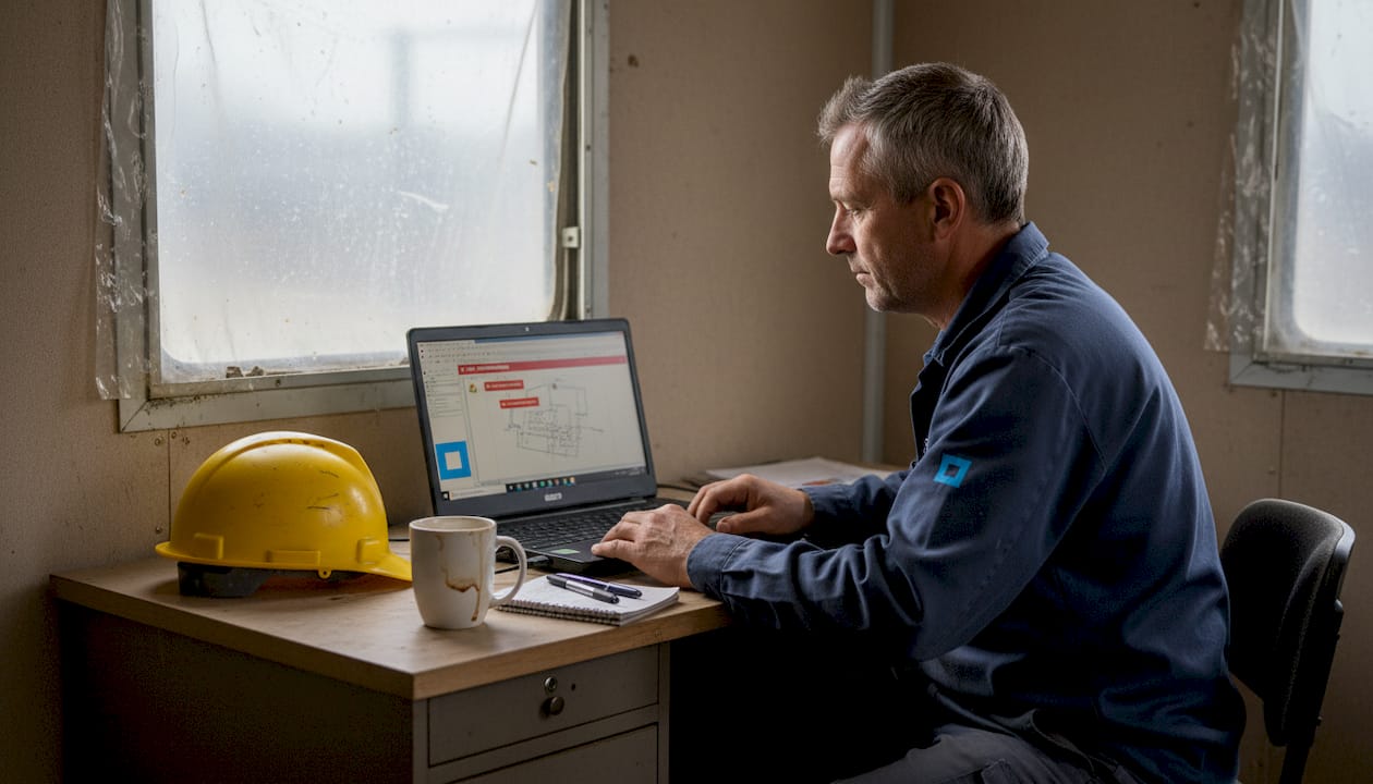 Technicien du bâtiment chargé de la gestion des alertes de maintenance depuis son ordinateur