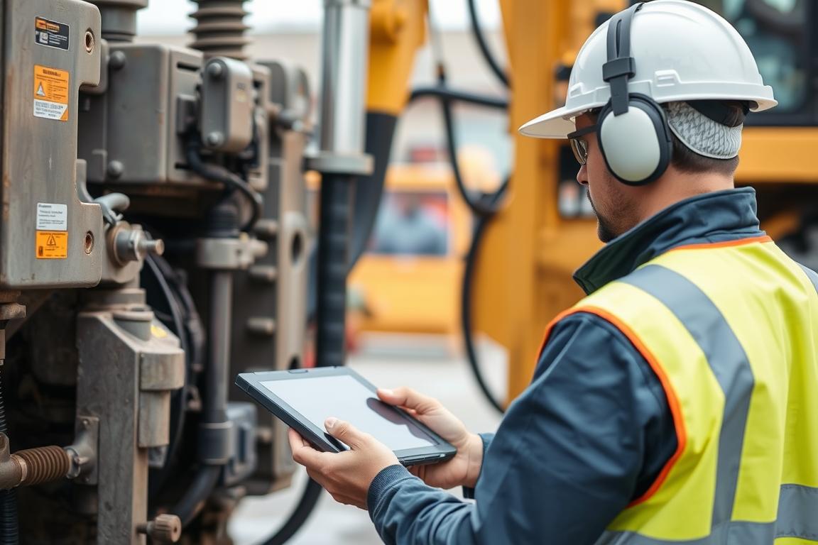 Technicien effectuant une maintenance préventive sur un équipement de chantier