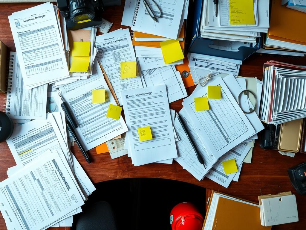 Documents de suivi matériel maintenance équipement dispersés sur un bureau