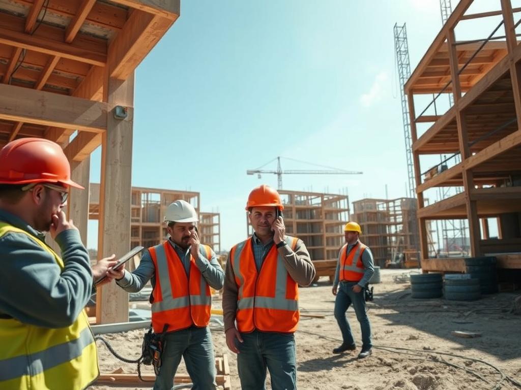 Chantier de construction avec ouvriers cherchant du matériel manquant