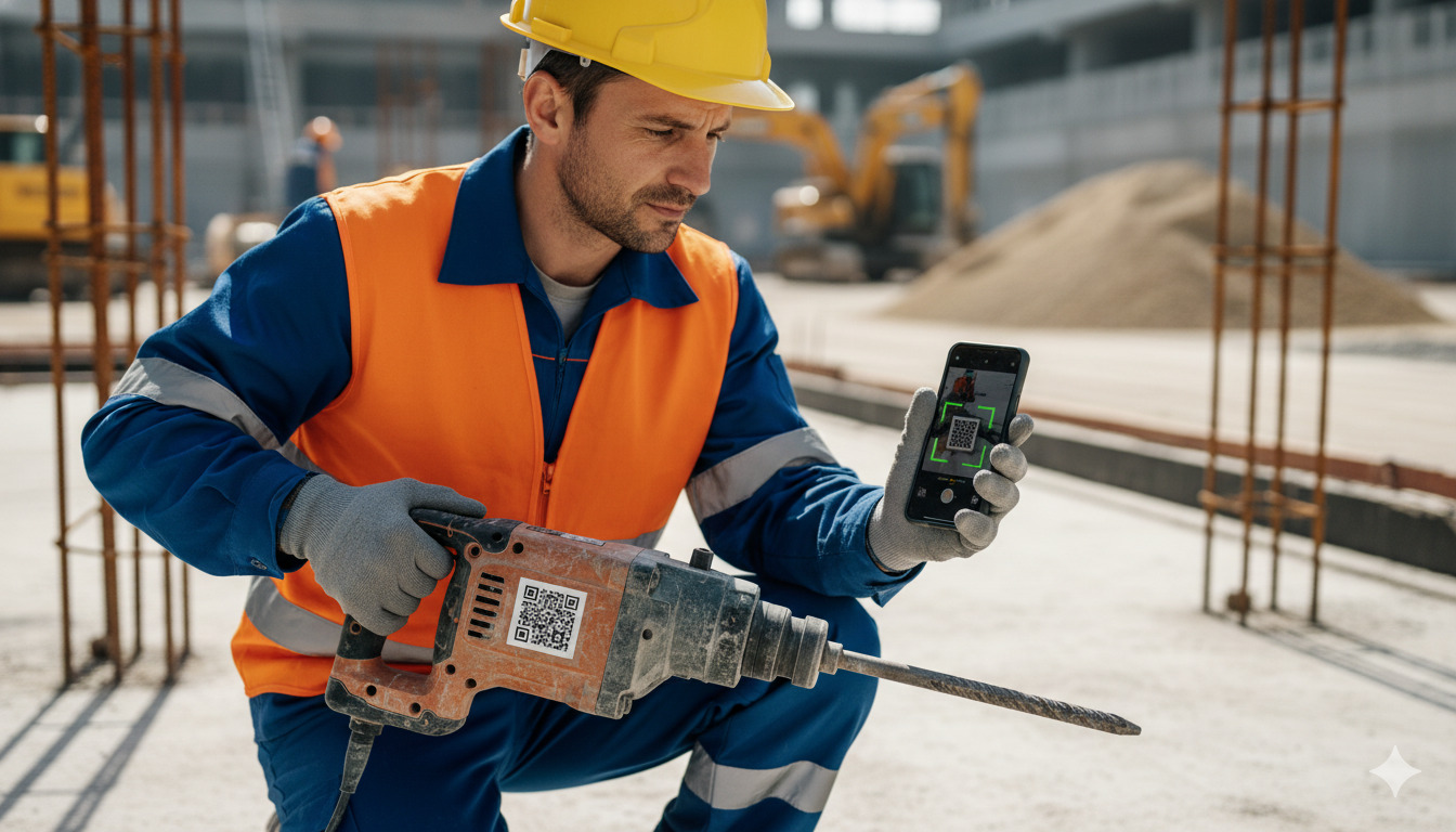 Technicien scannant un QR code sur un outil de chantier avec smartphone