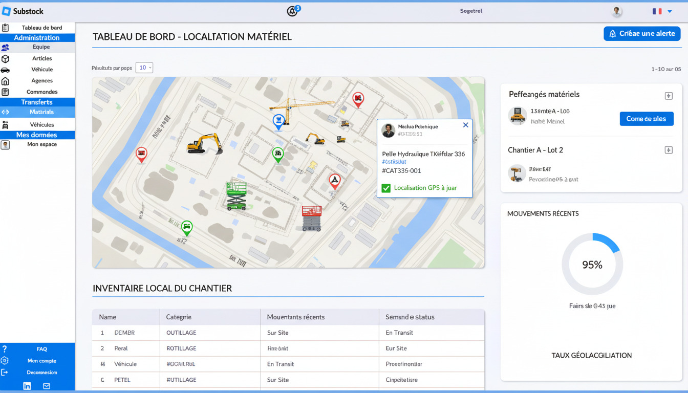 Dashboard de gestion d’inventaire matériel chantier montrant la localisation des équipements