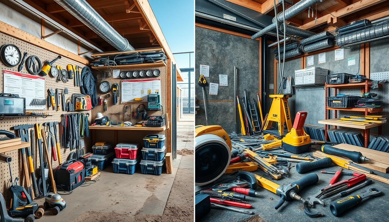 Comparaison entre un chantier organisé et un chantier désorganisé montrant l’impact de la gestion de matériel chantier