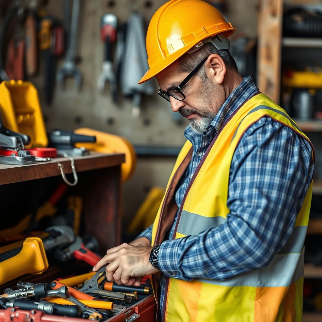 Chef de chantier frustré cherchant un outil manquant, illustrant les conséquences de la perte de matériel chantier