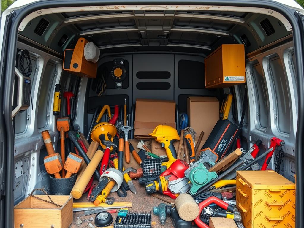 Camionnette de chantier désorganisée avec outils éparpillés, exemple typique de perte de matériel chantier