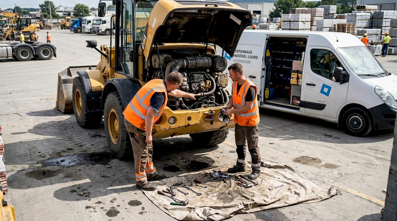 Une équipe de maintenance inspecte un chargeur en panne dans l’atelier.