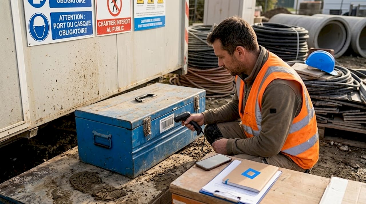 Le chef de chantier contrôle l'inventaire en scannant le code-barres de la caisse à outils sur place.