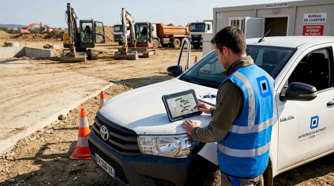 Le chef de chantier utilise une tablette pour suivre en temps réel les engins de construction présents sur le site.