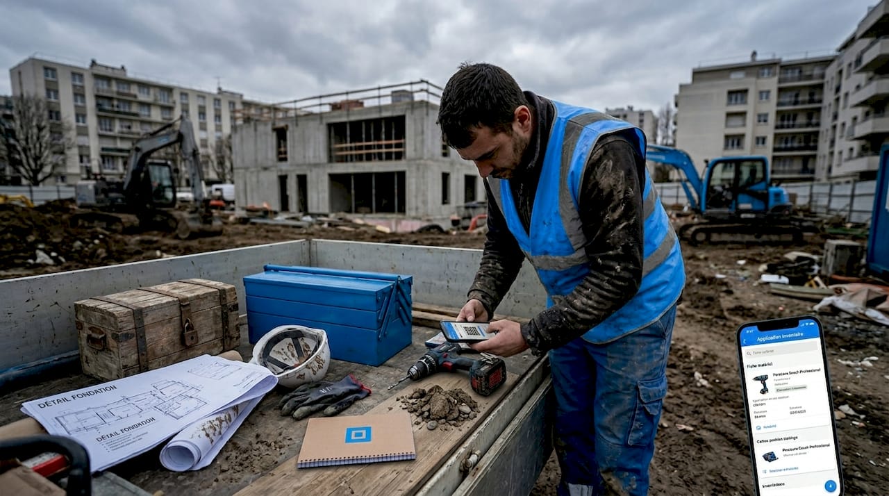 Un ouvrier utilise son smartphone pour scanner le QR code d’un appareil sur le chantier.