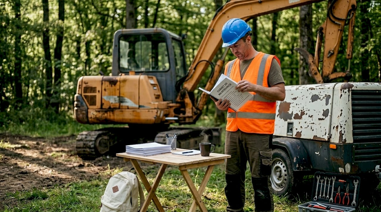 Le conducteur de travaux contrôle le registre d’entretien.