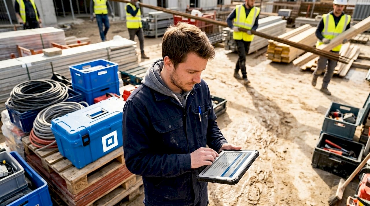 Un logisticien du secteur BTP effectue le contrôle de l’inventaire sur sa tablette directement sur le chantier.