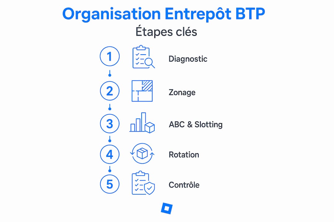 Schéma des 5 étapes clés pour organiser efficacement un entrepôt dédié au secteur du BTP