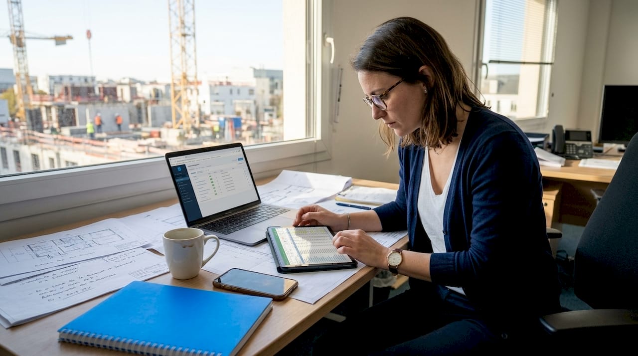 Un chef de projet consulte les données des actifs sur sa tablette pour assurer le suivi et la gestion efficace du dossier.