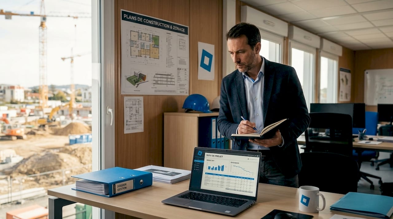 Le gestionnaire d’actifs dans le secteur BTP à l’œuvre au bureau.